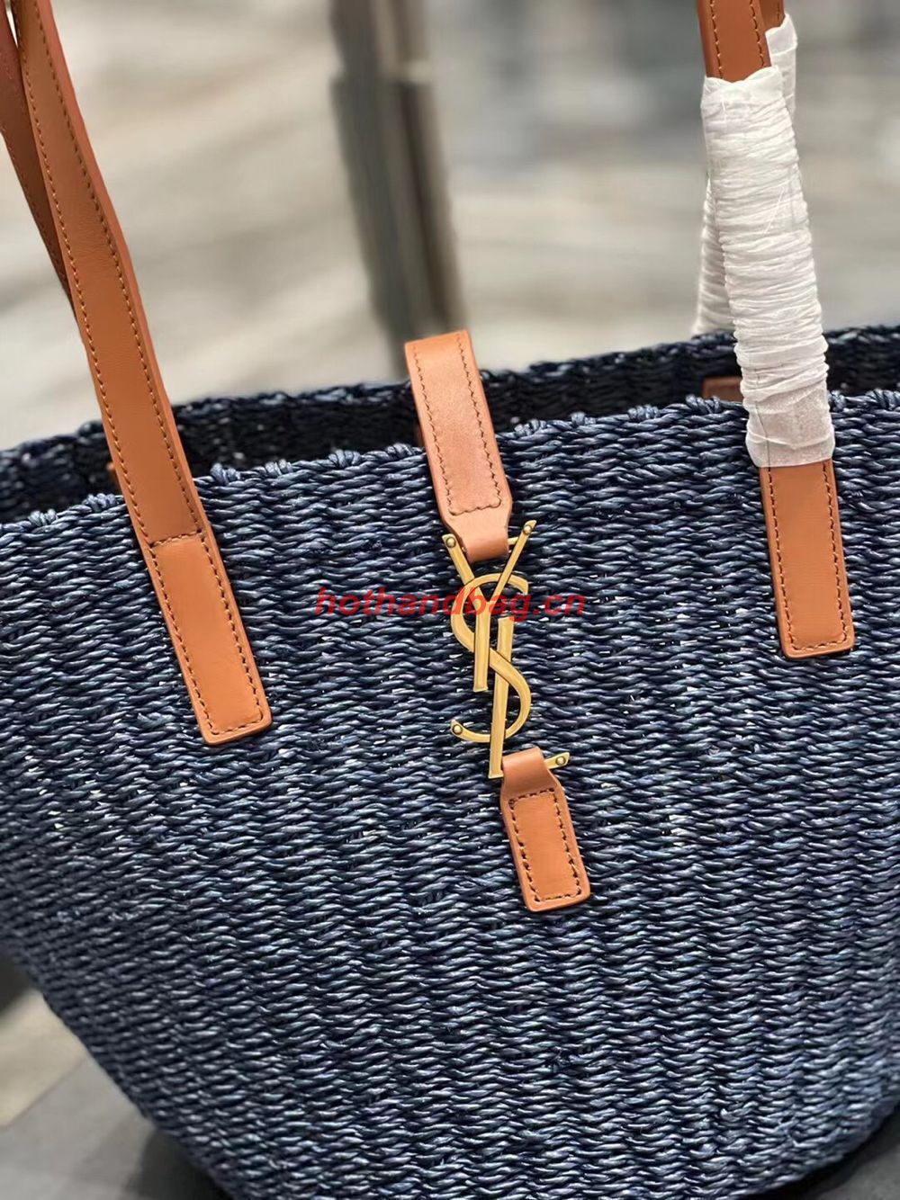 SAINT LAUREN PANIER SMALL BAG IN CROCHET RAFFIA AND SMOOTH LEATHER 685618 dark blue SAINT LAUREN PANIER SMALL BAG IN CROCHET RAFFIA AND SMOOTH LEATHER 685618 dark blue
