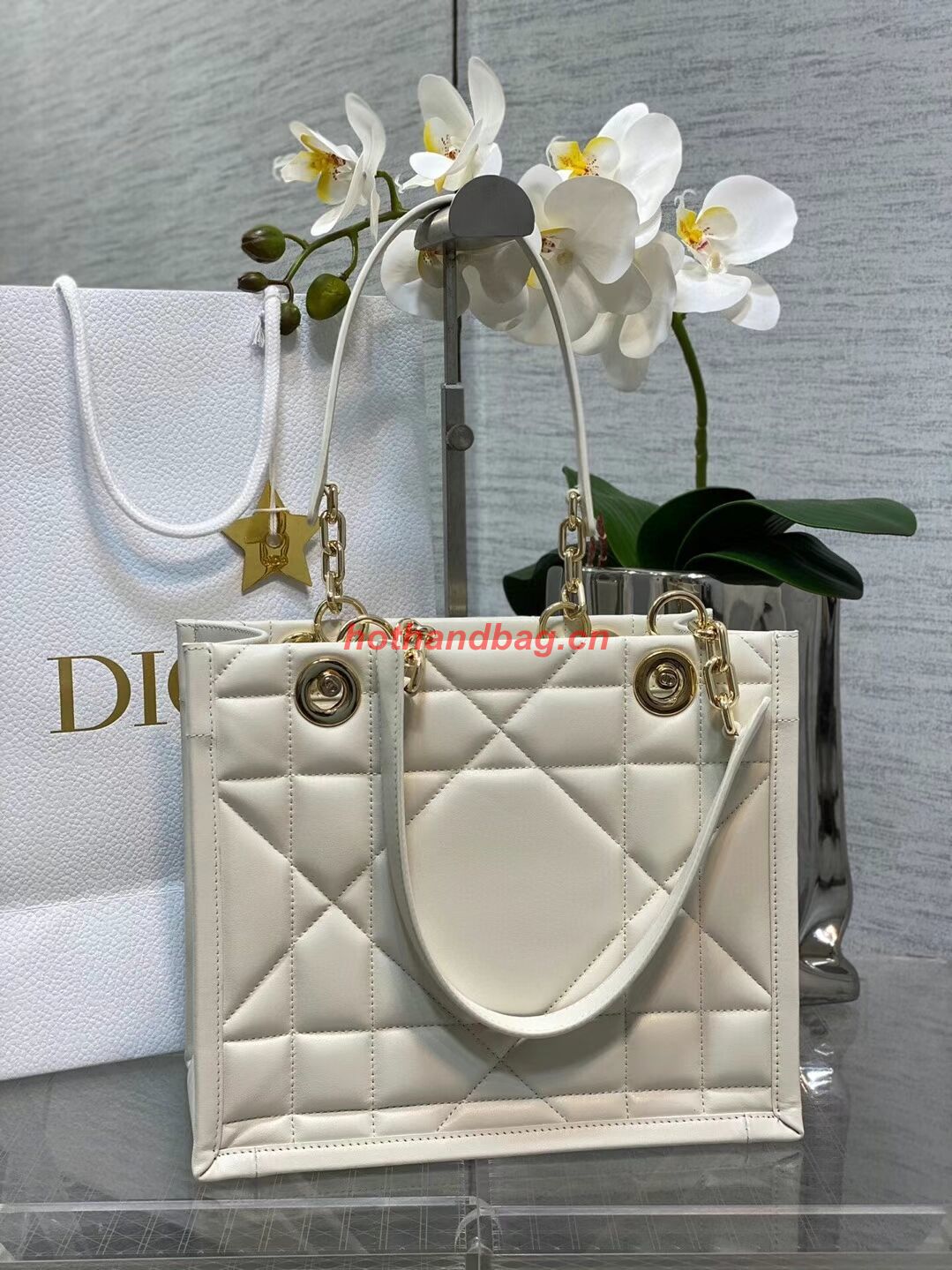 SMALL DIOR ESSENTIAL TOTE BAG Hazelnut Archicannage Calfskin M87211 WHITE SMALL DIOR ESSENTIAL TOTE BAG Hazelnut Archicannage Calfskin M87211 WHITE