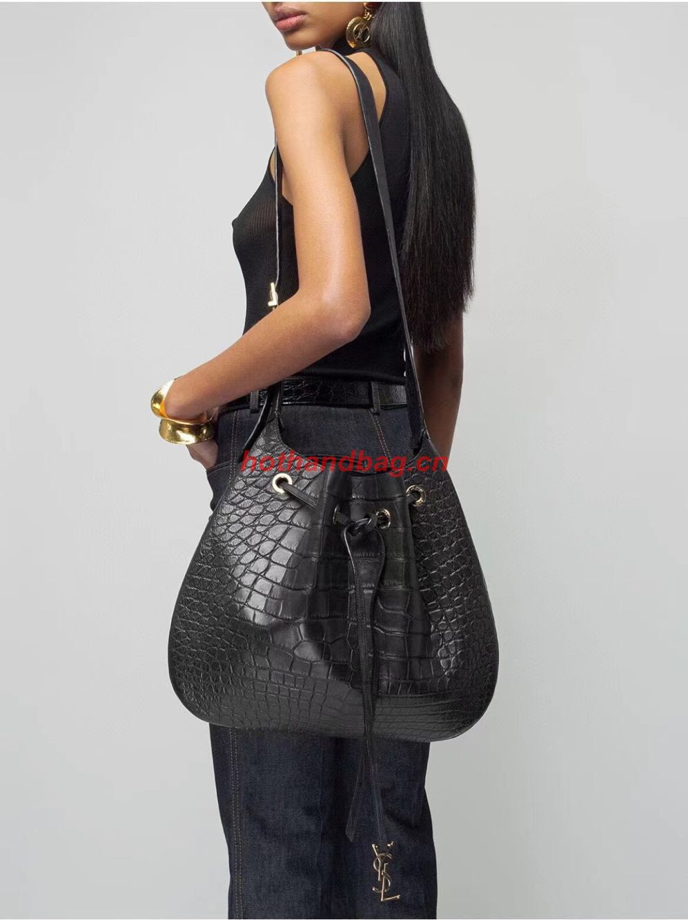 SAINT LAUREN PARIS VII LARGE FLAT HOBO BAG IN CROCODILE-EMBOSSED LEATHER 697941 black SAINT LAUREN PARIS VII LARGE FLAT HOBO BAG IN CROCODILE-EMBOSSED LEATHER 697941 black