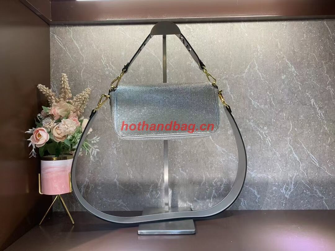 Fendi Baguette crystals and leather bag B0961 silvery Fendi Baguette crystals and leather bag B0961 silvery
