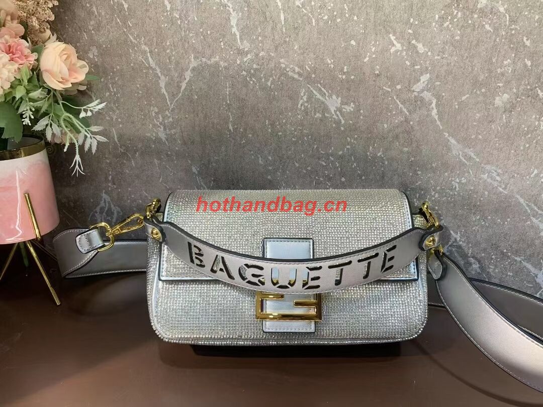Fendi Baguette crystals and leather bag B0961 silvery Fendi Baguette crystals and leather bag B0961 silvery