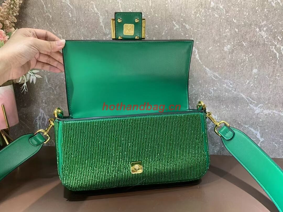 Fendi Baguette crystals and leather bag F0961 green Fendi Baguette crystals and leather bag F0961 green