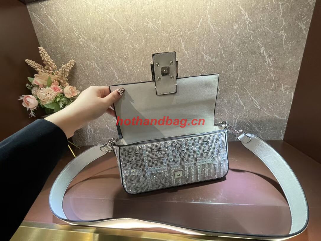 Fendi Baguette crystals and leather bag F0961 silvery Fendi Baguette crystals and leather bag F0961 silvery