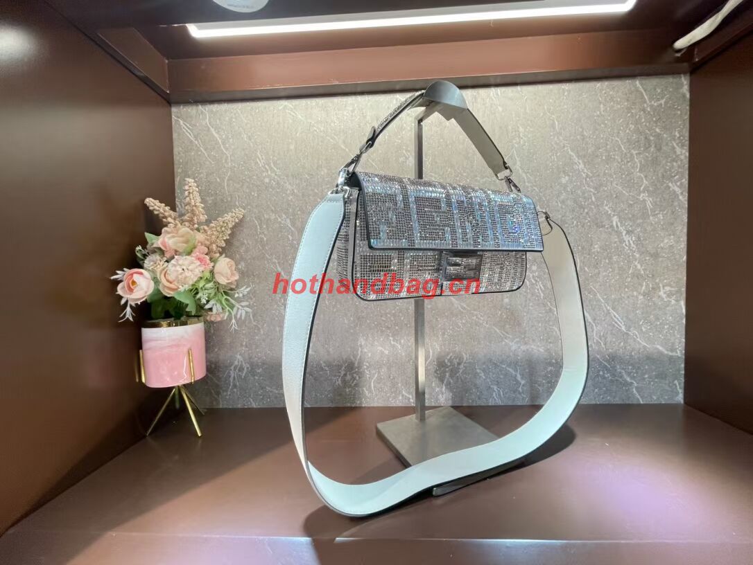 Fendi Baguette crystals and leather bag F0961 silvery Fendi Baguette crystals and leather bag F0961 silvery