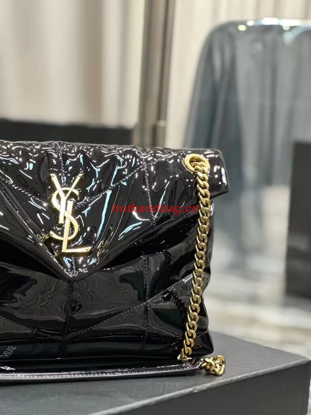 SAINT LAUREN PUFFER SMALL CHAIN BAG IN QUILTED PATENT Y777476 black SAINT LAUREN PUFFER SMALL CHAIN BAG IN QUILTED PATENT Y777476 black