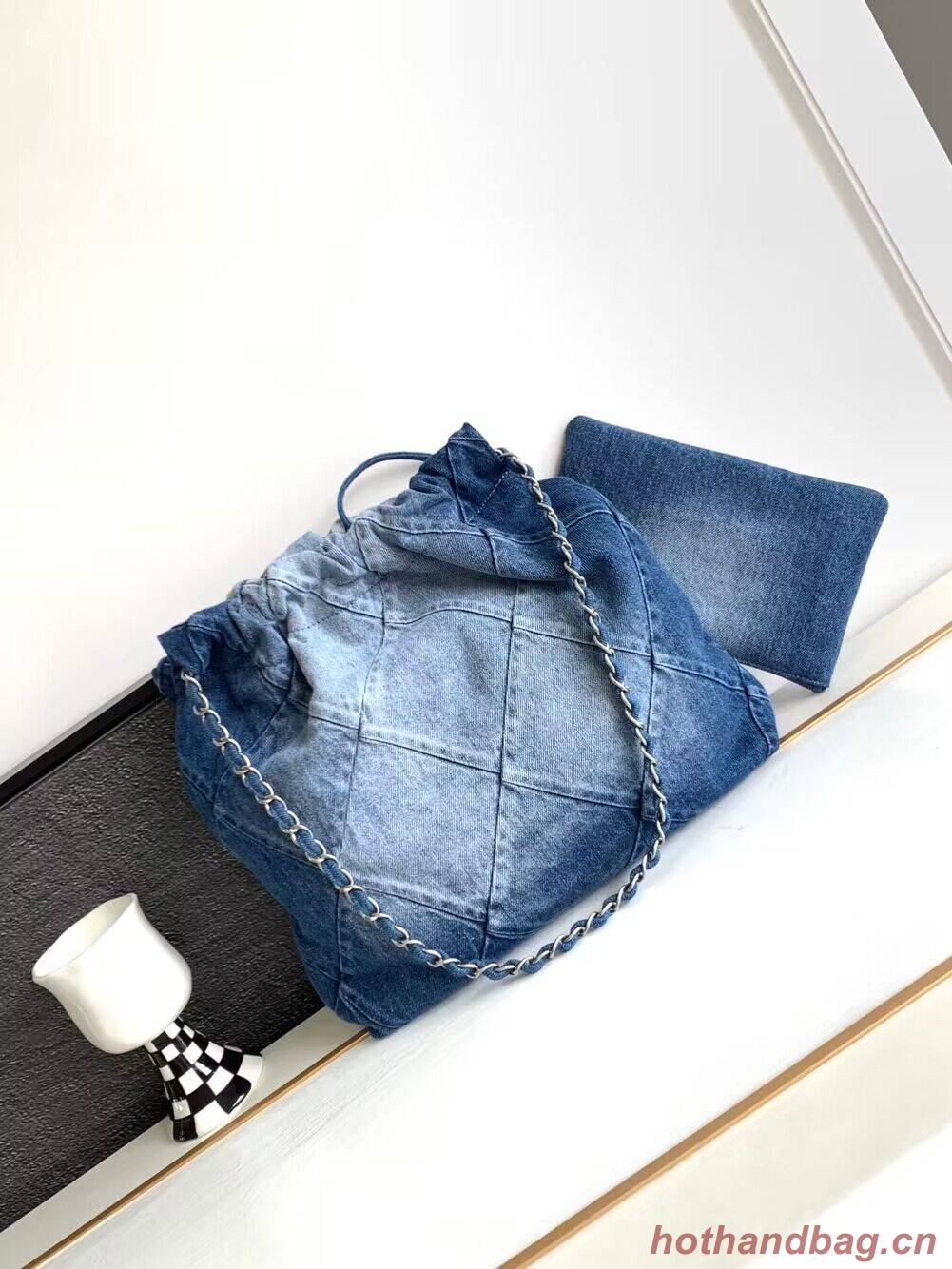 CHANEL 22 Shopping Bag Denim & Silver-Tone Metal AS3137 Blue CHANEL 22 Shopping Bag Denim & Silver-Tone Metal AS3137 Blue
