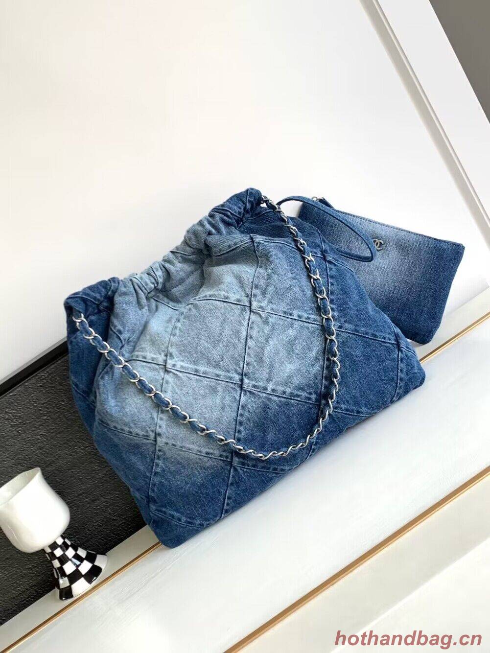CHANEL 22 Shopping Bag Denim & Silver-Tone Metal AS3137 Blue CHANEL 22 Shopping Bag Denim & Silver-Tone Metal AS3137 Blue