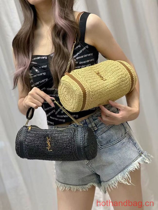 SAINT LAURENT SADE SMALL TUBE BAG IN RAFFIA AND LEATHER Y996704 apricot SAINT LAURENT SADE SMALL TUBE BAG IN RAFFIA AND LEATHER Y996704 apricot