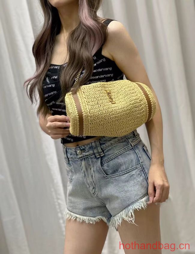 SAINT LAURENT SADE SMALL TUBE BAG IN RAFFIA AND LEATHER Y996704 apricot SAINT LAURENT SADE SMALL TUBE BAG IN RAFFIA AND LEATHER Y996704 apricot