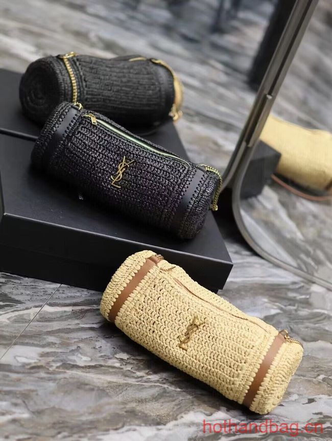 SAINT LAURENT SADE SMALL TUBE BAG IN RAFFIA AND LEATHER Y996704 apricot SAINT LAURENT SADE SMALL TUBE BAG IN RAFFIA AND LEATHER Y996704 apricot