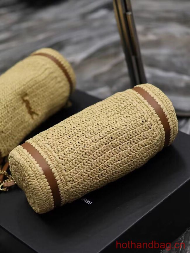 SAINT LAURENT SADE SMALL TUBE BAG IN RAFFIA AND LEATHER Y996704 apricot SAINT LAURENT SADE SMALL TUBE BAG IN RAFFIA AND LEATHER Y996704 apricot