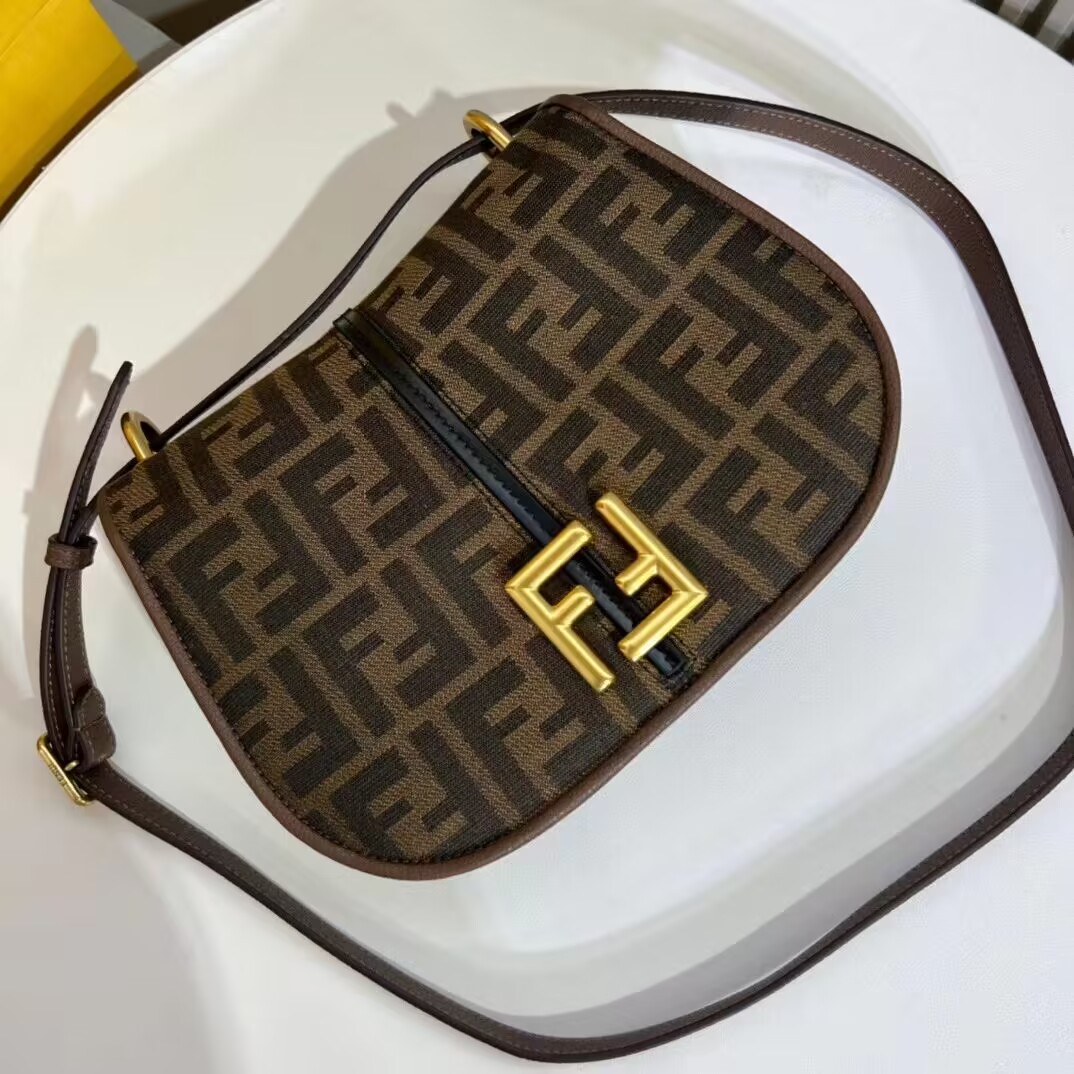 Fendi Cmon Medium Brown FF jacquard fabric and leather bag 8BT366 Fendi Cmon Medium Brown FF jacquard fabric and leather bag 8BT366