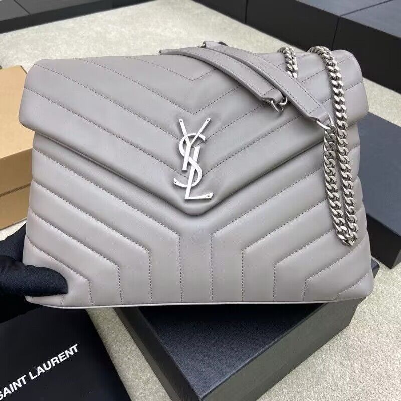 SAINT LAURENT Loulou Monogram Large quilted leather shoulder bag 392288 Light Gray Sliver-Tone SAINT LAURENT Loulou Monogram Large quilted leather shoulder bag 392288 Light Gray Sliver-Tone