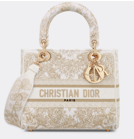 MEDIUM DIOR LADY D-LITE BAG Gold-Tone and White Butterfly Around The World Embroidery M0565OE MEDIUM DIOR LADY D-LITE BAG Gold-Tone and White Butterfly Around The World Embroidery M0565OE