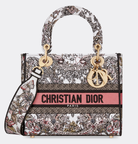 MEDIUM LADY D-LITE BAG White and Pastel Pink Butterfly Around The World Embroidery M0565O MEDIUM LADY D-LITE BAG White and Pastel Pink Butterfly Around The World Embroidery M0565O