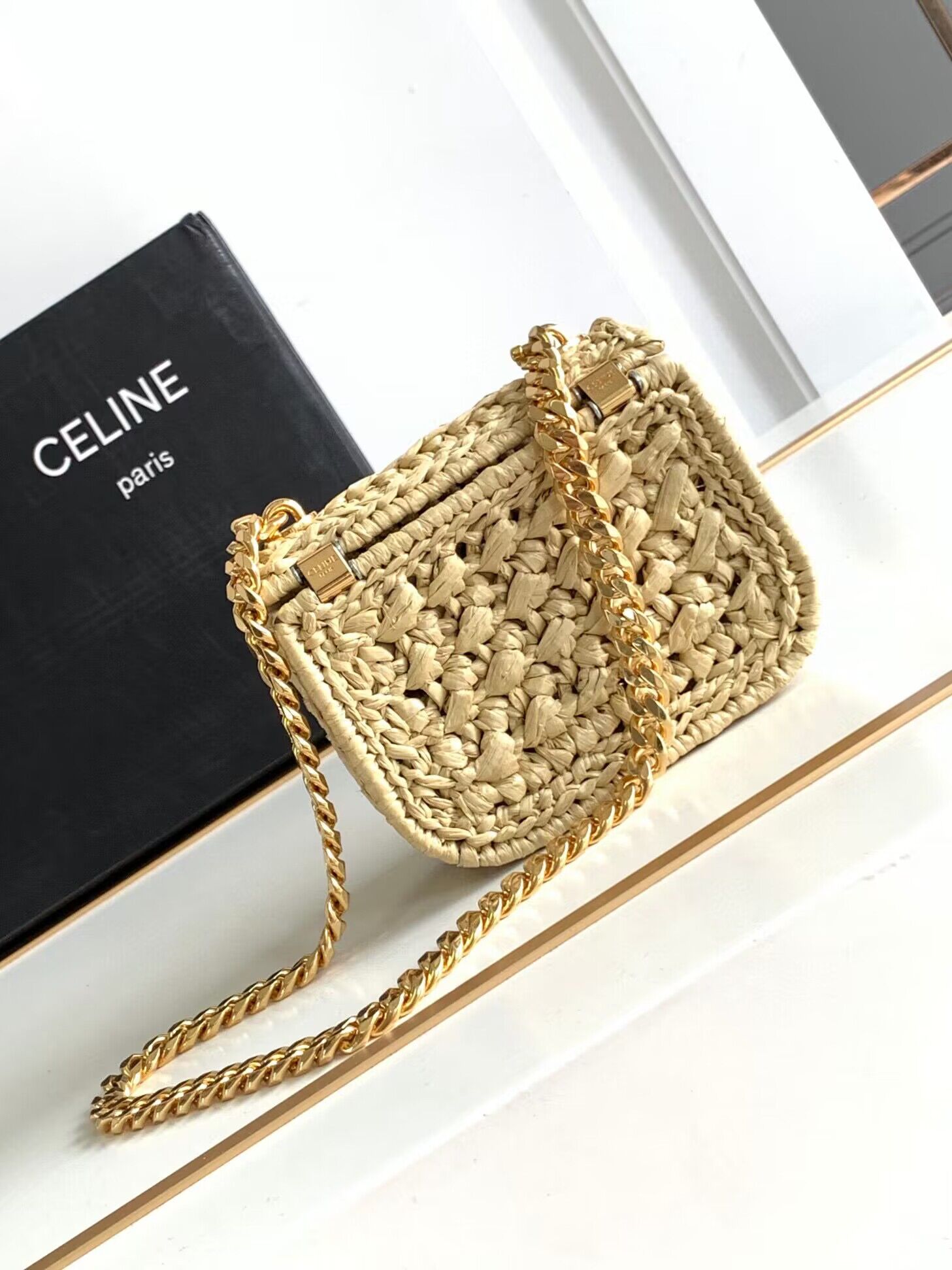 CELINE Mini Chain Claude IN Raffia Plein Soleil Bag 10513 CELINE Mini Chain Claude IN Raffia Plein Soleil Bag 10513