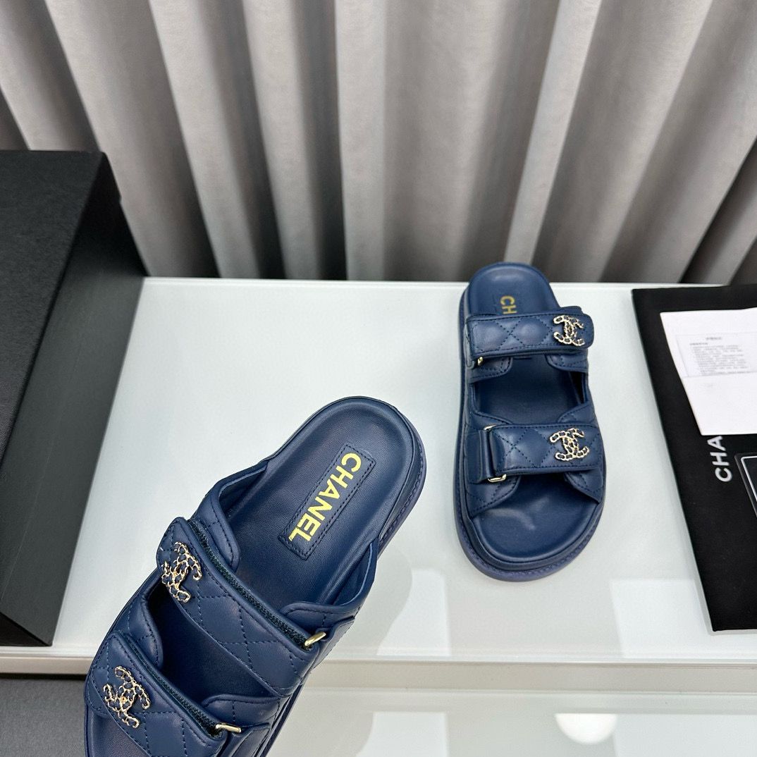 Chanel Original Leather Slipper Shoes HM30212 Dark Blue