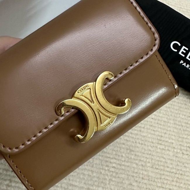 Celine SMALL FLAP WALLET TRIOMPHE IN SHINY CALFSKIN 10D783 SMOKED BROWN