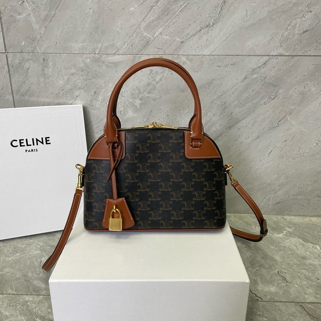 Celine SMALL BOWLING IN TRIOMPHE CANVAS AND CALFSKIN 121082 TAN 