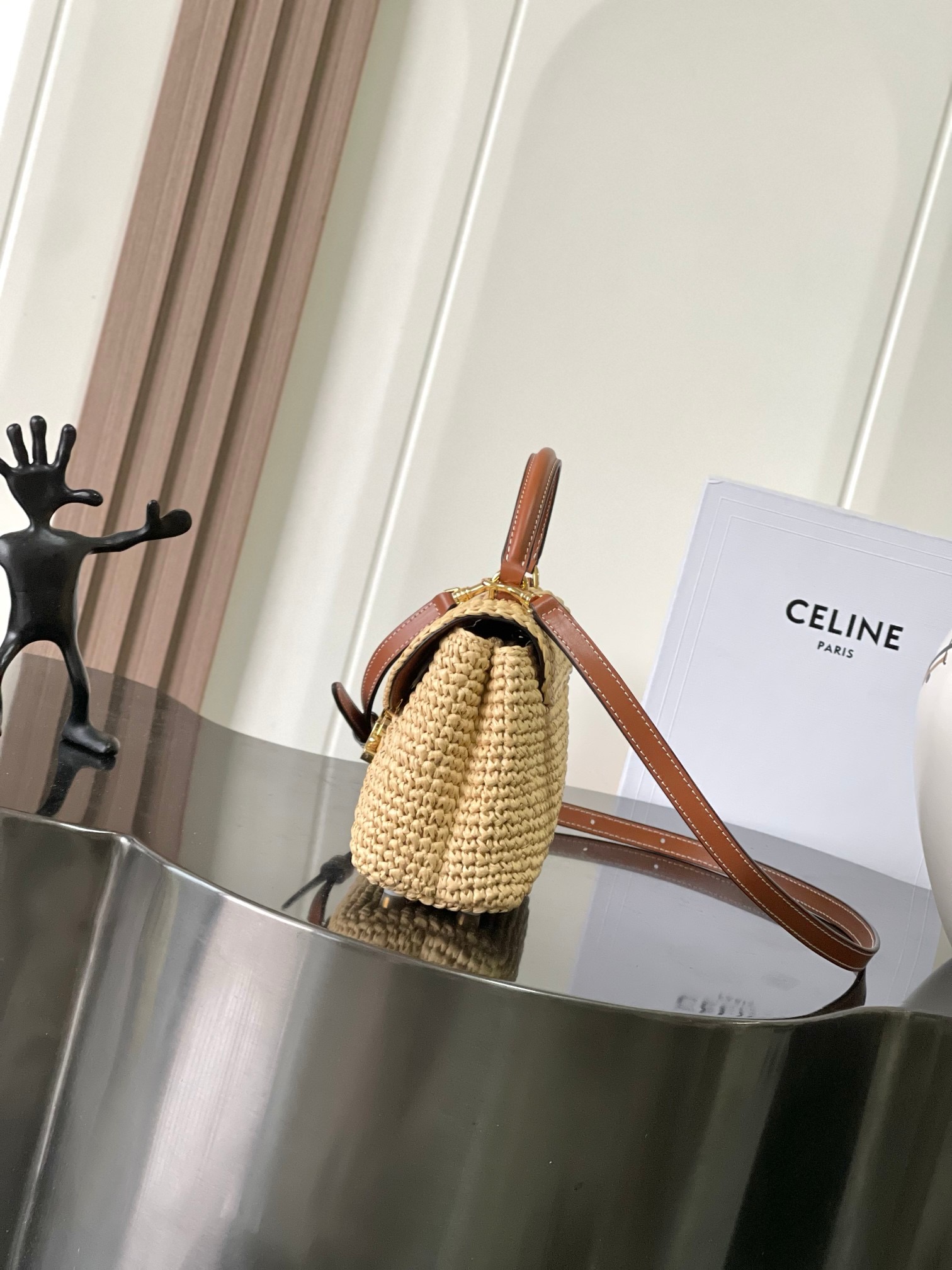 Celine TEEN NINO BAG  IN RAFFIA WITH TRIOMPHE EMBROIDERIES 118113 NATURAL & TAN