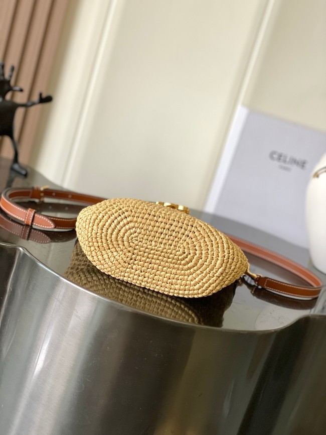 Celine SMALL LOUISE BUCKET IN RAFFIA AND CALFSKIN 119173 NATURAL & TAN