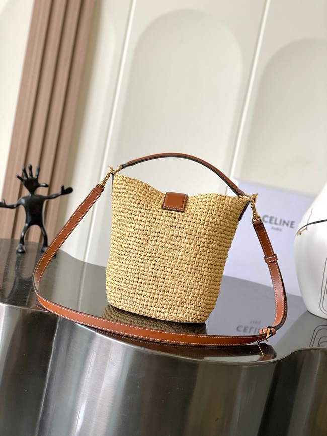 Celine SMALL LOUISE BUCKET IN RAFFIA AND CALFSKIN A119173 NATURAL & TAN