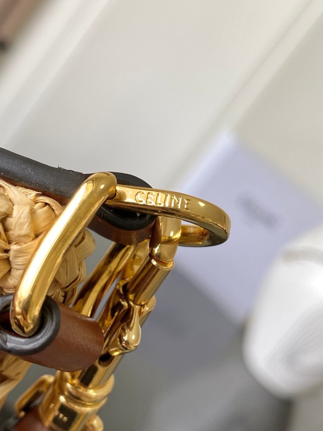 Celine SMALL LOUISE BUCKET IN RAFFIA AND CALFSKIN A119173 NATURAL & TAN