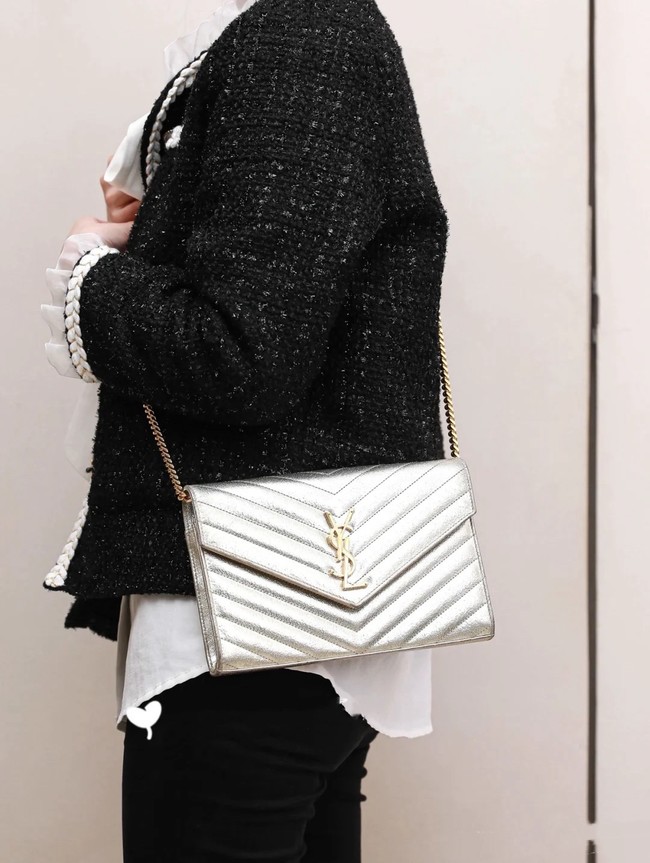 SAINT LAUREN CASSANDRE MATELASSE CHAIN WALLET IN GRAIN DE POUDRE EMBOSSED LEATHER 377828 Silver