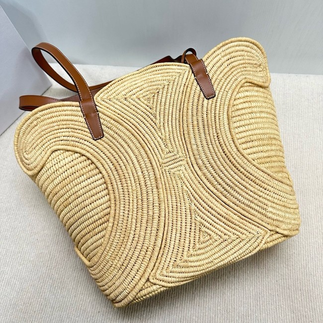 CELINE CLASSIC PANIER SMALL BRAIDED TRIOMPHE in RAFFIA and CALFSKIN 116982 NATURAL & TAN