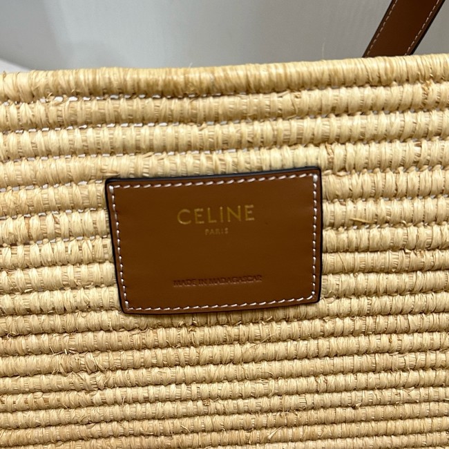 CELINE CLASSIC PANIER SMALL BRAIDED TRIOMPHE in RAFFIA and CALFSKIN 116982 NATURAL & TAN