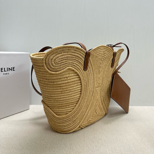 CELINE CLASSIC PANIER SMALL BRAIDED TRIOMPHE in RAFFIA and CALFSKIN 116982 NATURAL & TAN