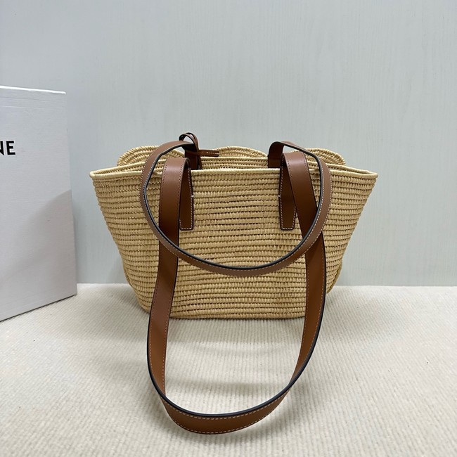 CELINE CLASSIC PANIER SMALL BRAIDED TRIOMPHE in RAFFIA and CALFSKIN 117022 TAN
