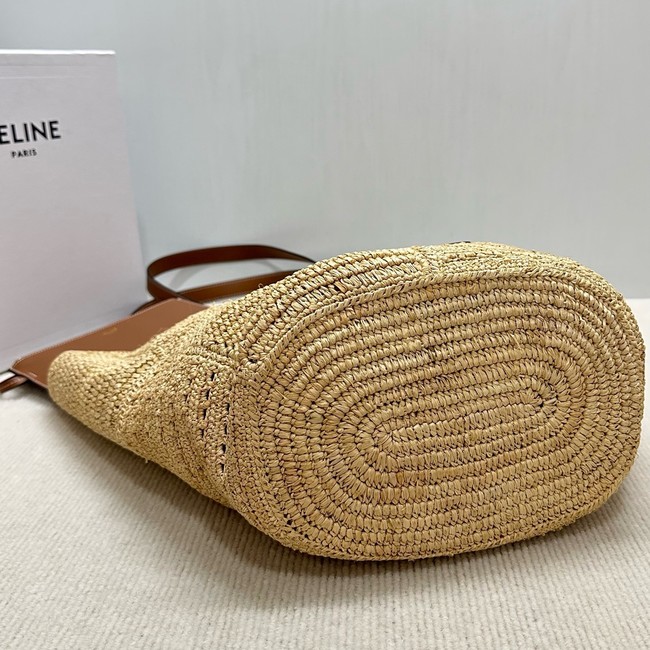 CELINE CLASSIC PANIER SMALL BRAIDED TRIOMPHE in RAFFIA and CALFSKIN 119682 TAN
