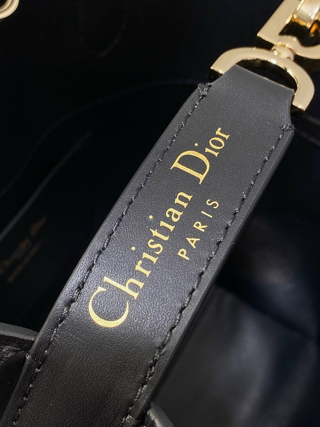 Small Dior Toujours Vertical Tote Bag Macrocannage Crinkled Calfskin M2835 black &gold