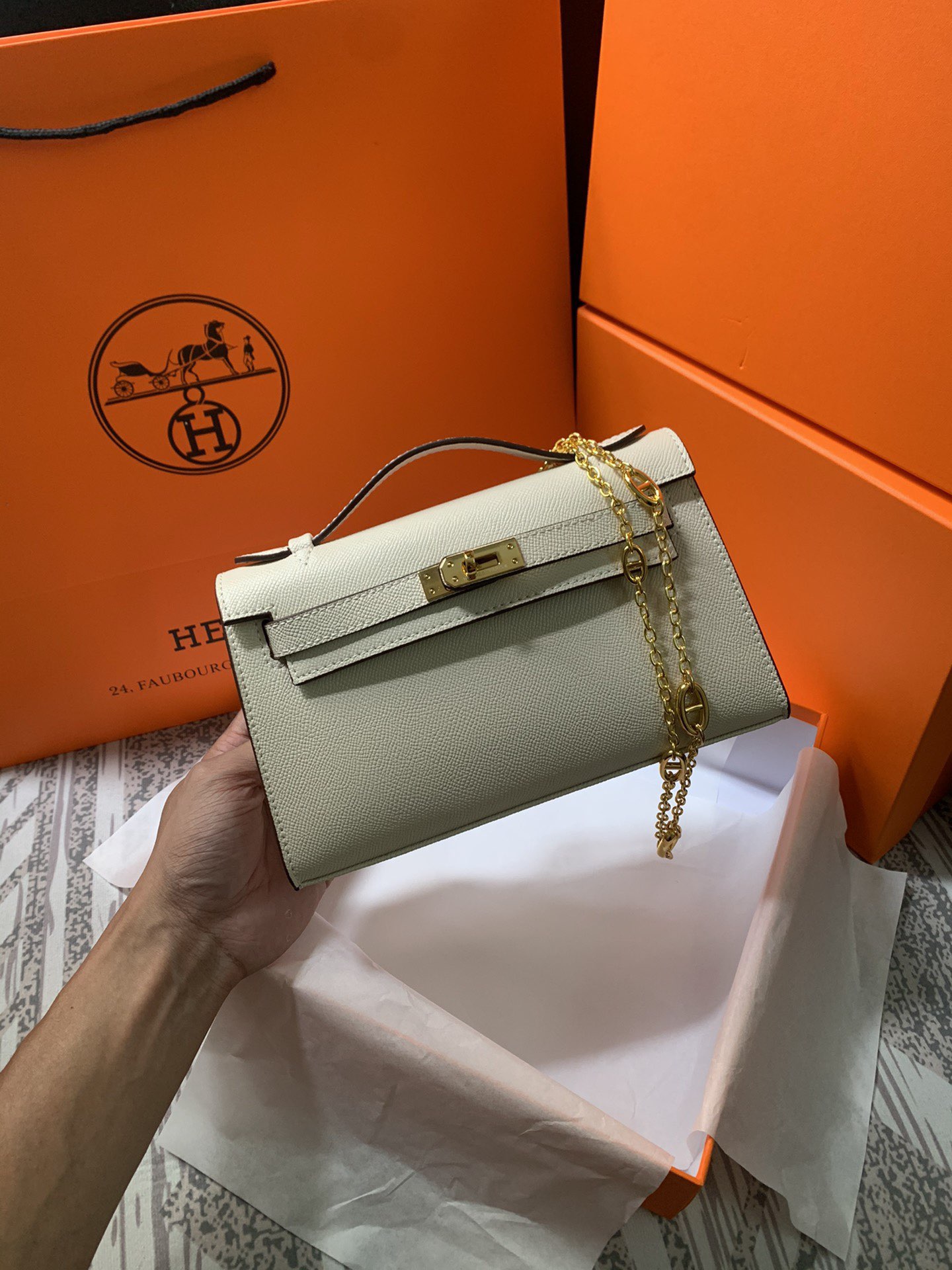 Hermes MINI Kelly 22cm Tote Bag Epsom Leather K22 Cream