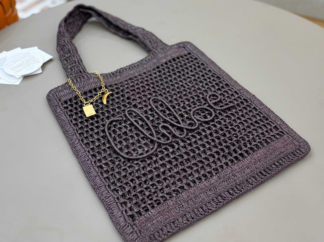 Chloe SUMMER straw and leather tote bag 0824P dark brown