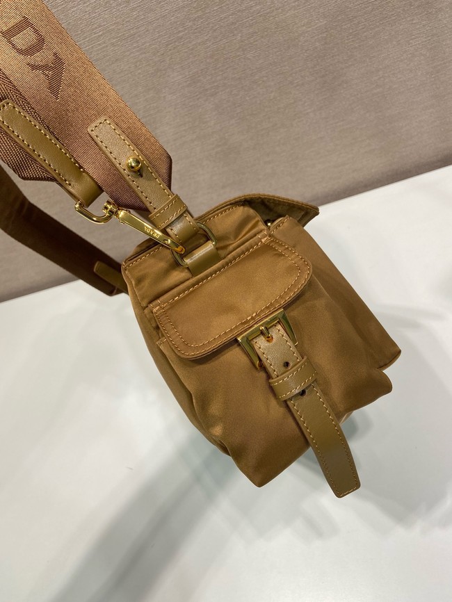 Prada Route medium leather tote bag Re-Nylon 1BD394 camel