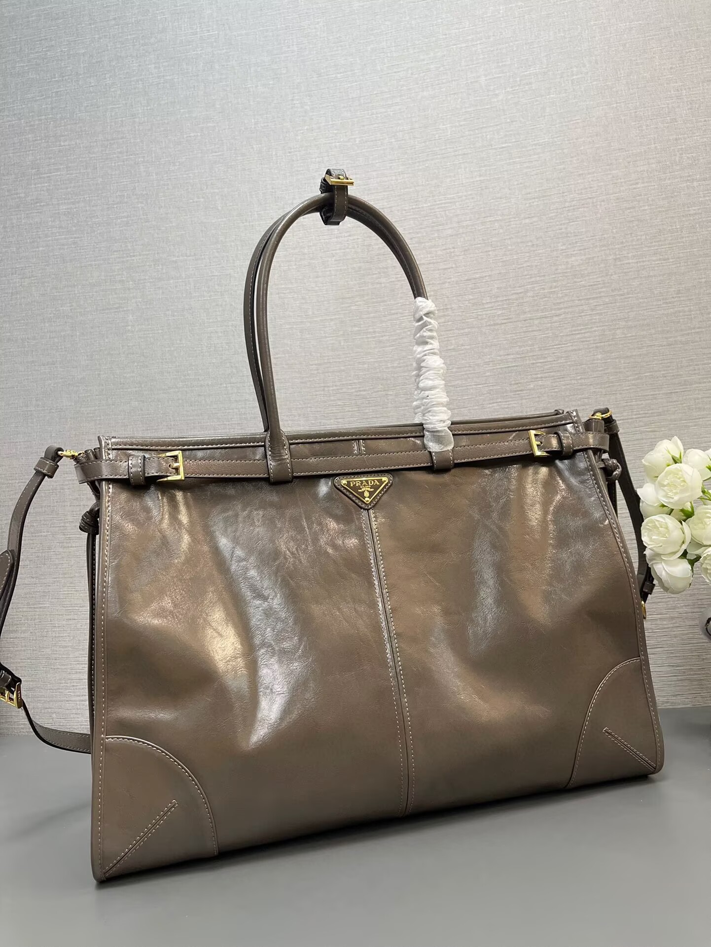 Prada Large Bonnie Leather Tote Bag 1BA439 Khaki Grey