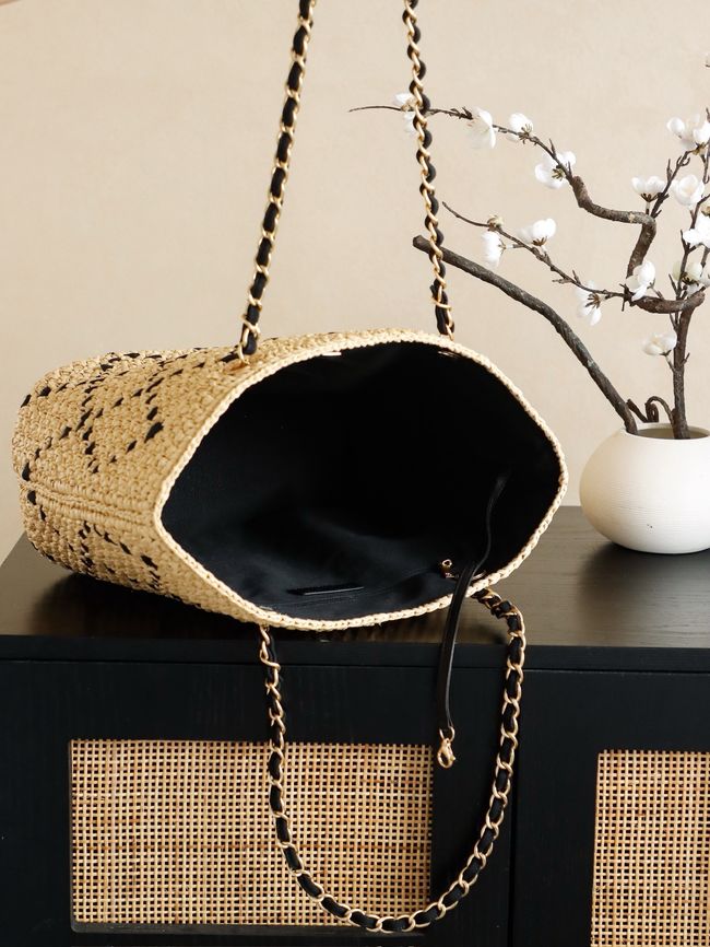 CHANEL Large Braided Straw Shoulder Bag AS5956 Apricot and black