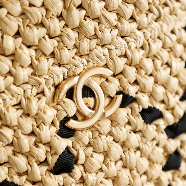 CHANEL Large Braided Straw Shoulder Bag AS5956 Apricot and black