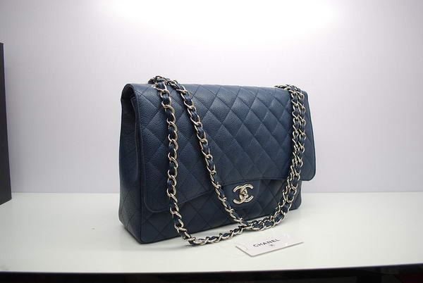 Chanel Maxi Double Flaps Bag A36098 Blue Original Caviar Leather Silver Chanel Maxi Double Flaps Bag A36098 Blue Original Caviar Leather Silver