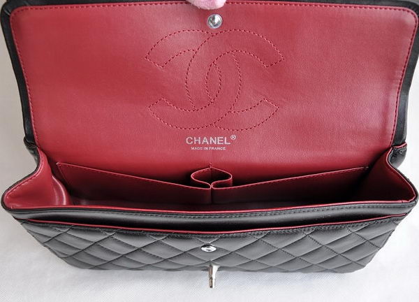 Chanel Classic 2.55 Series Black Lambskin Silver Chain Quilted Flap Bag 1113 Chanel Classic 2.55 Series Black Lambskin Silver Chain Quilted Flap Bag 1113