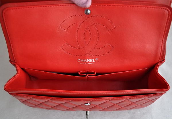 Chanel Classic 2.55 Series Red Lambskin Silver Chain Quilted Flap Bag 1113 Chanel Classic 2.55 Series Red Lambskin Silver Chain Quilted Flap Bag 1113