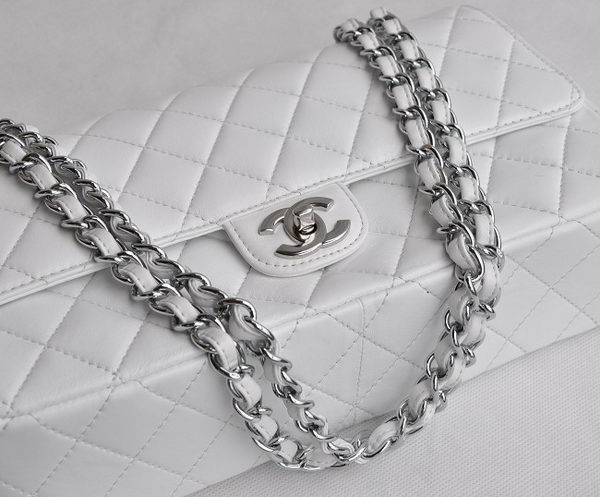 Chanel Classic 2.55 Series White Lambskin Silver Chain Quilted Flap Bag 1113 Chanel Classic 2.55 Series White Lambskin Silver Chain Quilted Flap Bag 1113