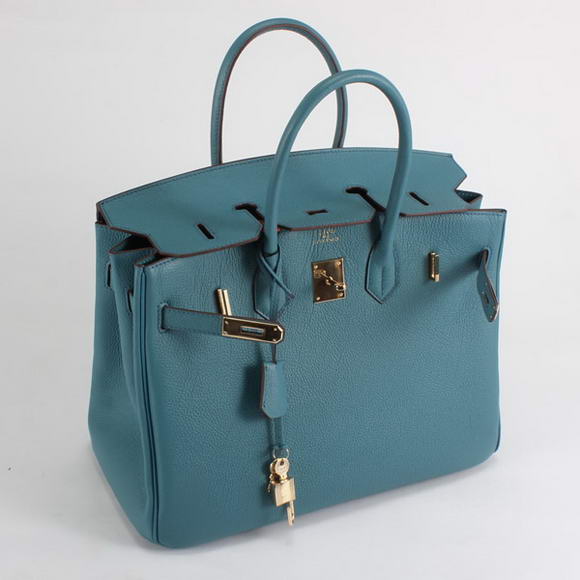 Hermes Birkin 35CM Smooth Leather Handbag 6089 Blue Golden Hermes Birkin 35CM Smooth Leather Handbag 6089 Blue Golden