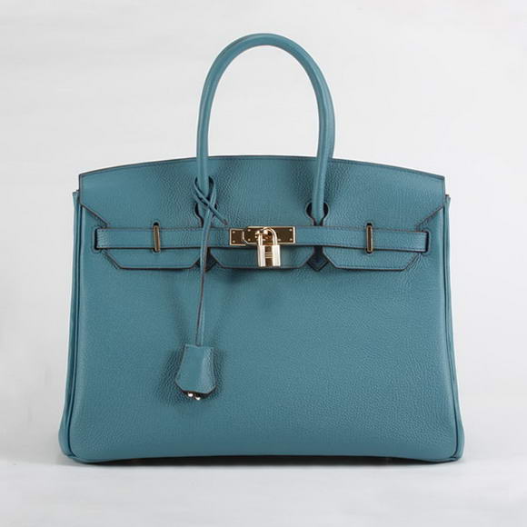 Hermes Birkin 35CM Smooth Leather Handbag 6089 Blue Golden Hermes Birkin 35CM Smooth Leather Handbag 6089 Blue Golden