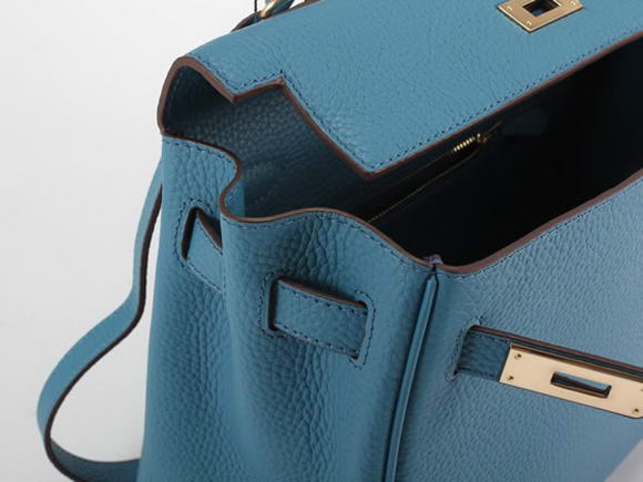 Hermes Kelly 32cm Togo Leather Handbags 6018 Blue Golden Hermes Kelly 32cm Togo Leather Handbags 6018 Blue Golden
