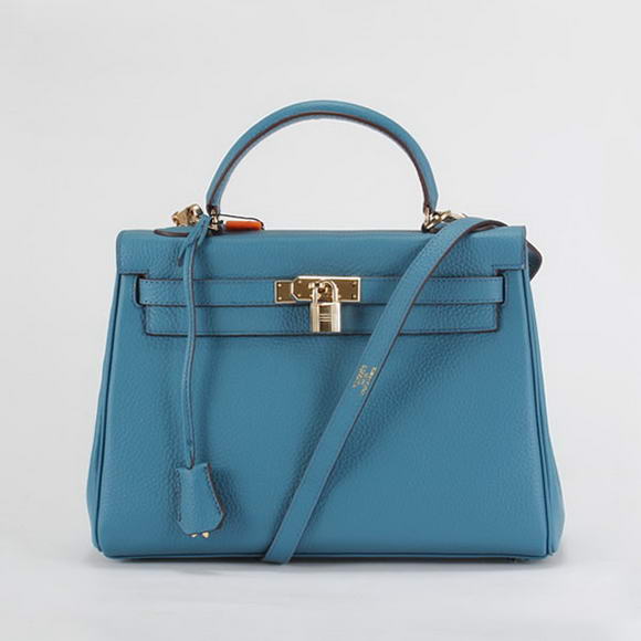 Hermes Kelly 32cm Togo Leather Handbags 6018 Blue Golden Hermes Kelly 32cm Togo Leather Handbags 6018 Blue Golden
