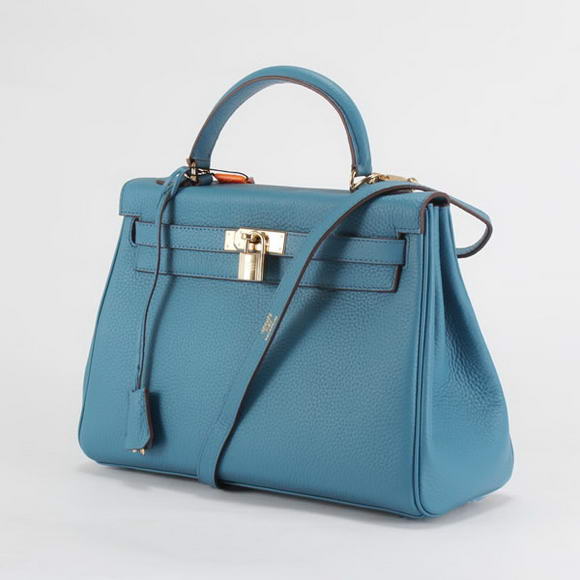 Hermes Kelly 32cm Togo Leather Handbags 6018 Blue Golden Hermes Kelly 32cm Togo Leather Handbags 6018 Blue Golden