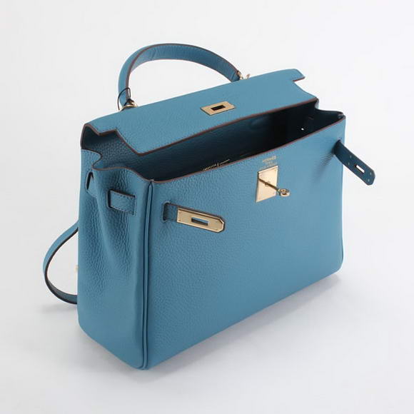 Hermes Kelly 32cm Togo Leather Handbags 6018 Blue Golden Hermes Kelly 32cm Togo Leather Handbags 6018 Blue Golden